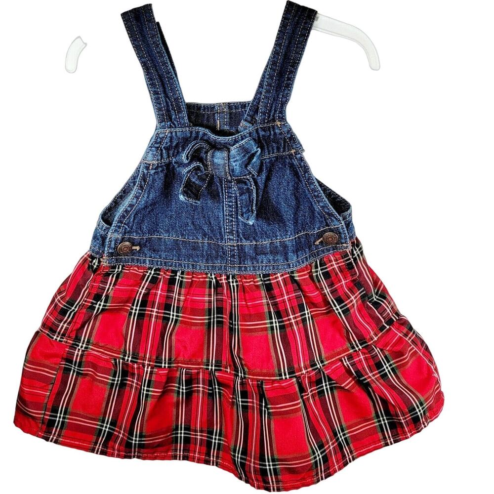 OshKosh Skirt Overalls Size 18 mos Red Plaid Denim Bib Style Christmas Dress